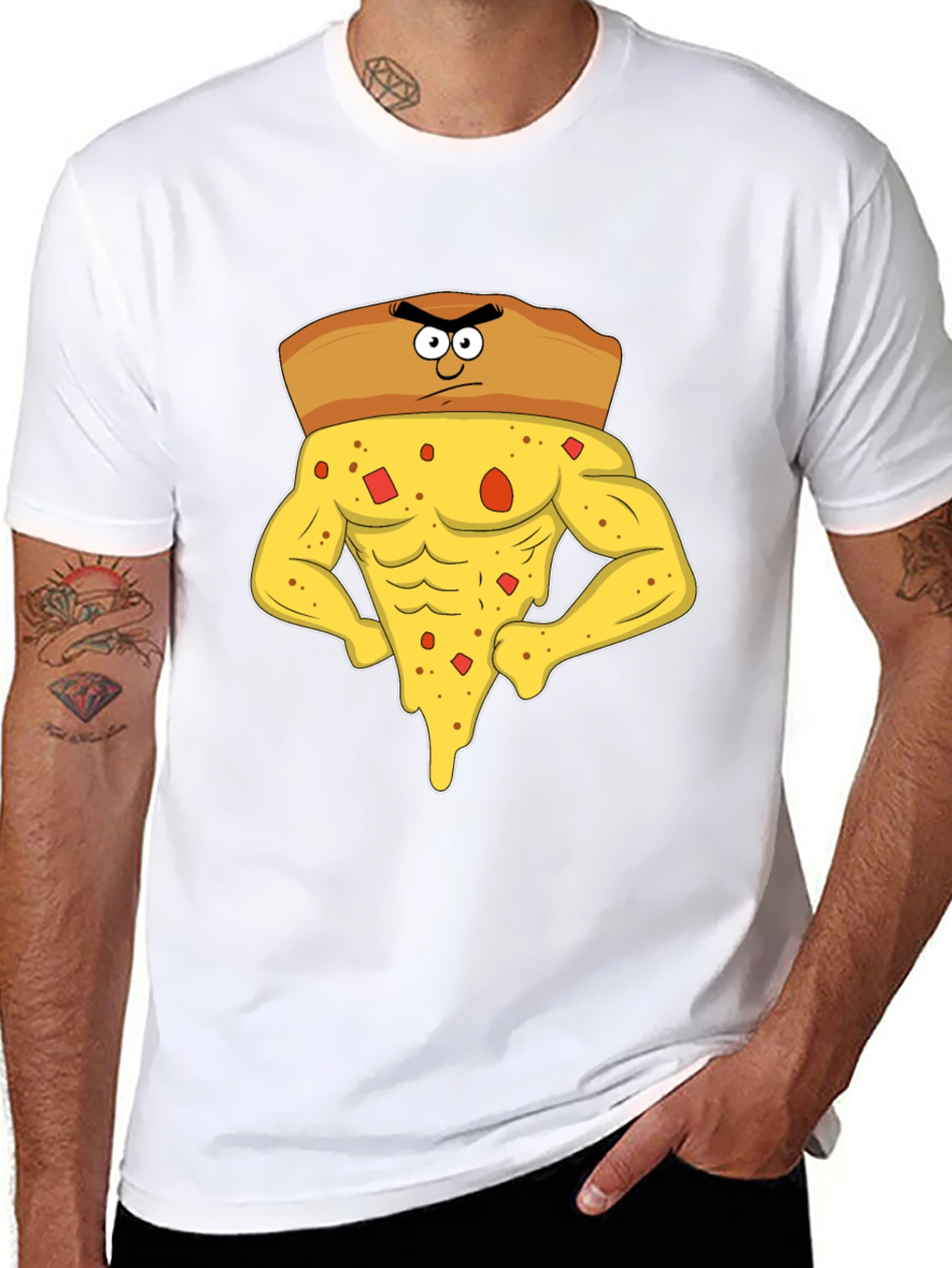 Funny Muscular Pizza Slice Graphic T-Shirt