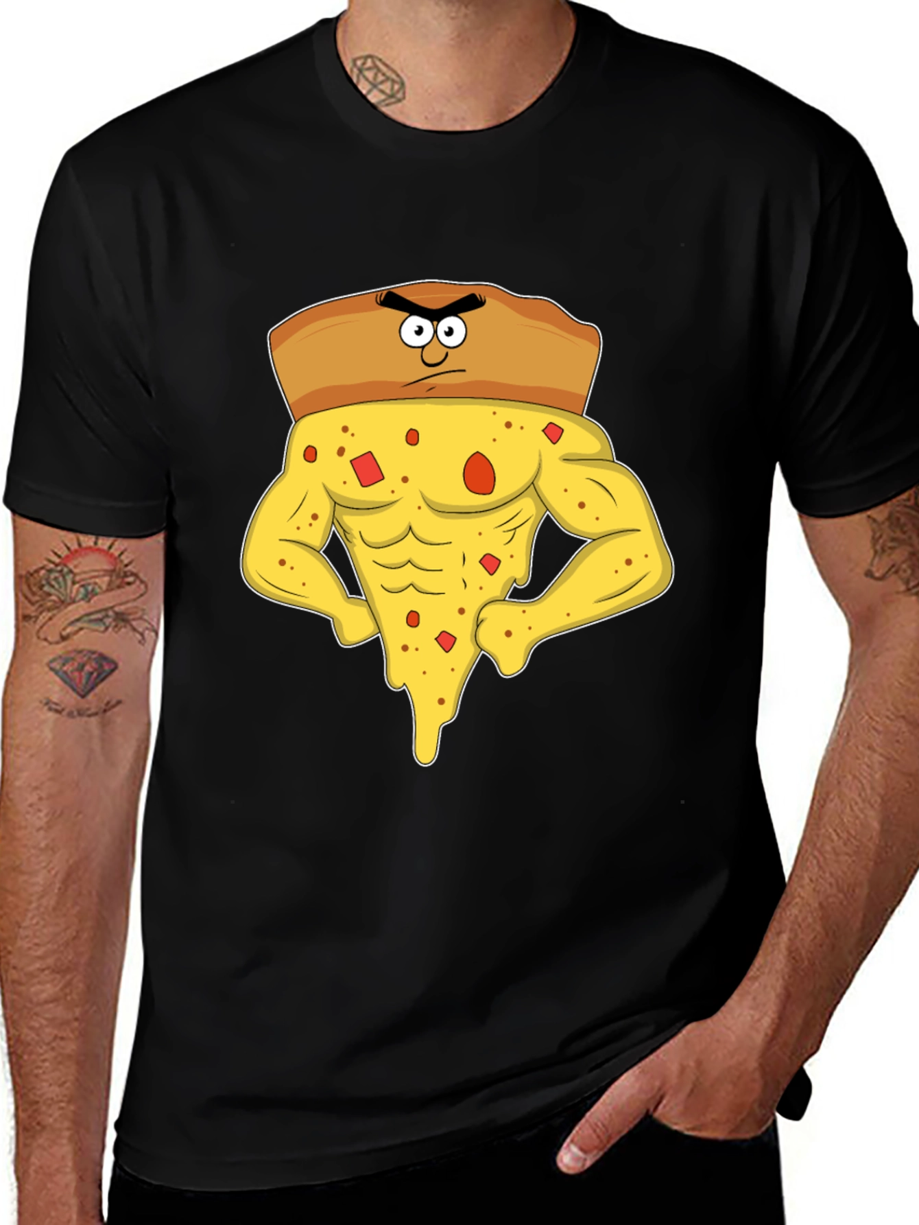 Funny Muscular Pizza Slice Graphic T-Shirt
