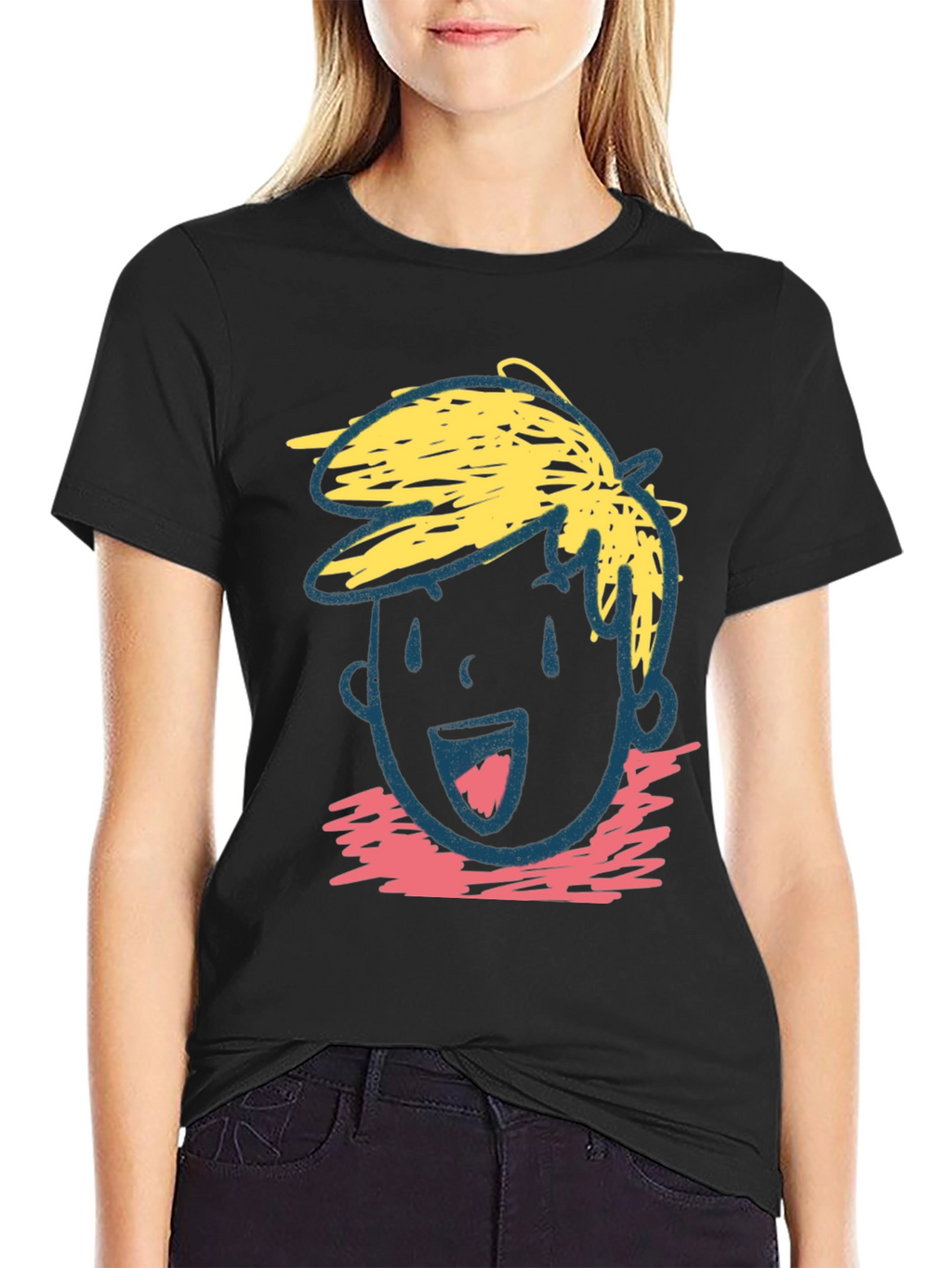 Cartoon Face Graphic Tee - Black Cotton Casual T-Shirt