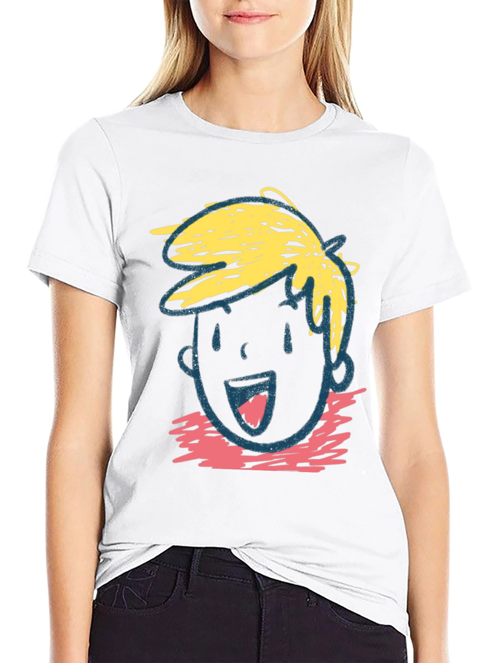 Cartoon Face Graphic Tee - Black Cotton Casual T-Shirt