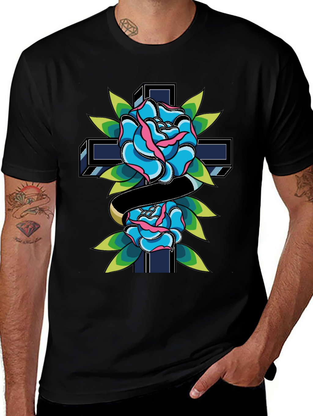 Rose & Cross Graphic Tee - Classic Tattoo Style
