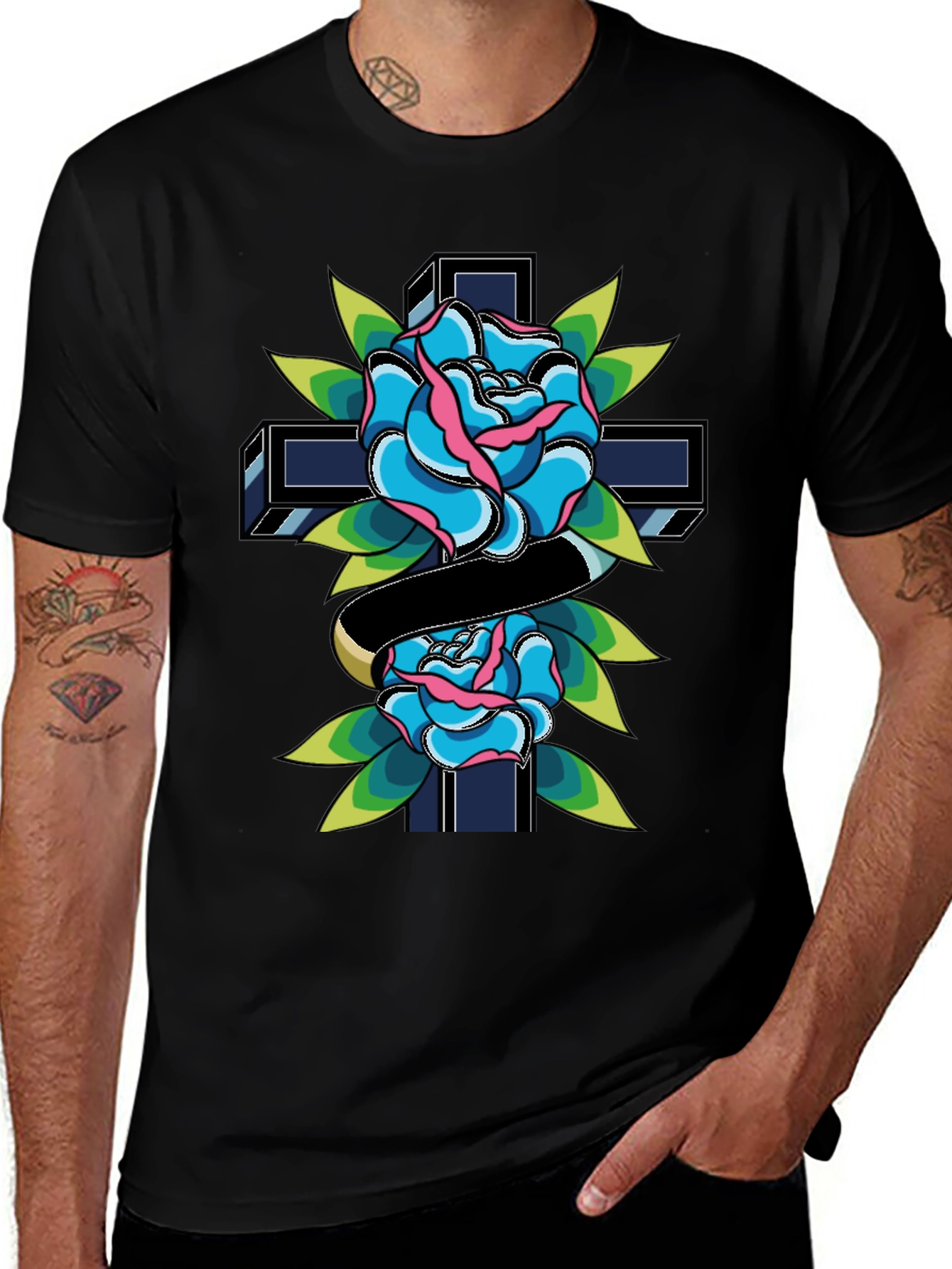 Rose & Cross Graphic Tee - Classic Tattoo Style