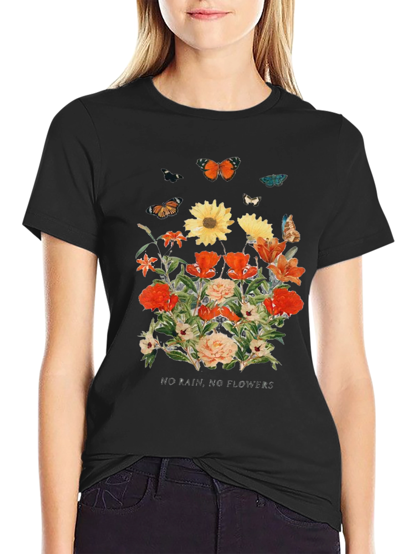 Floral Butterfly Graphic Black T-Shirt