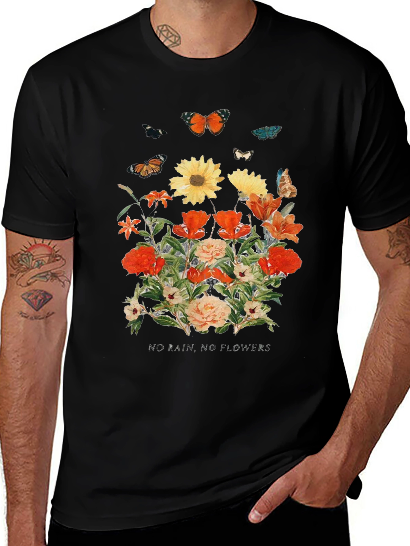 Floral Butterfly Graphic Black T-Shirt