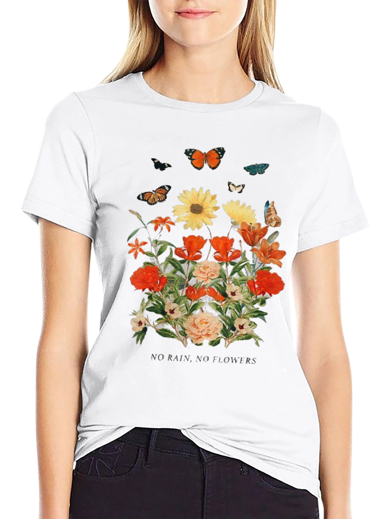 Floral Butterfly Graphic Black T-Shirt