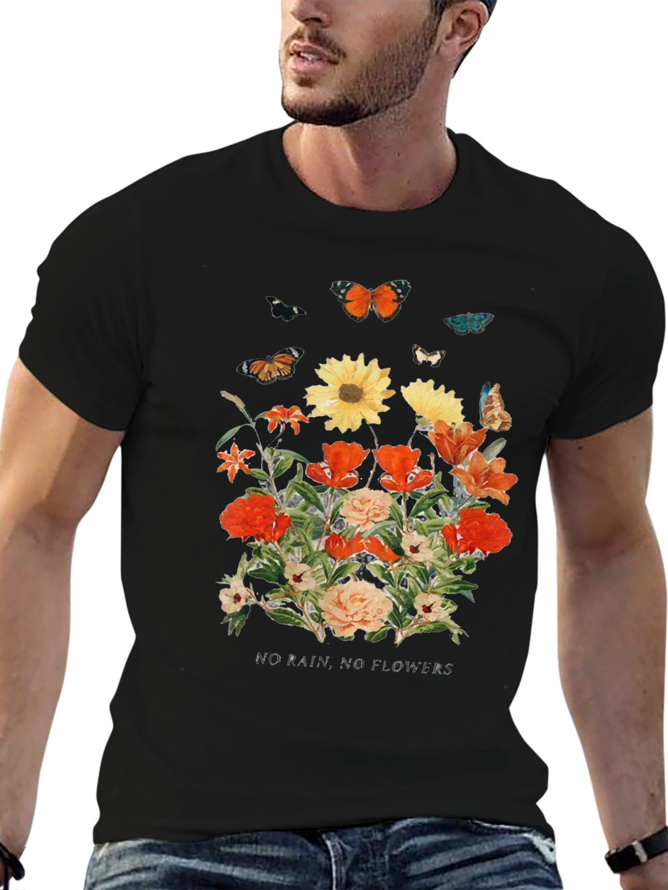 Floral Butterfly Graphic Black T-Shirt