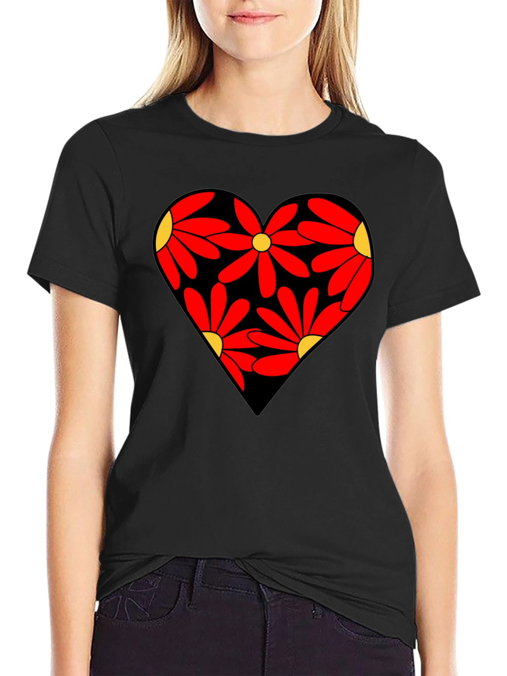 Floral Heart Black T-Shirt