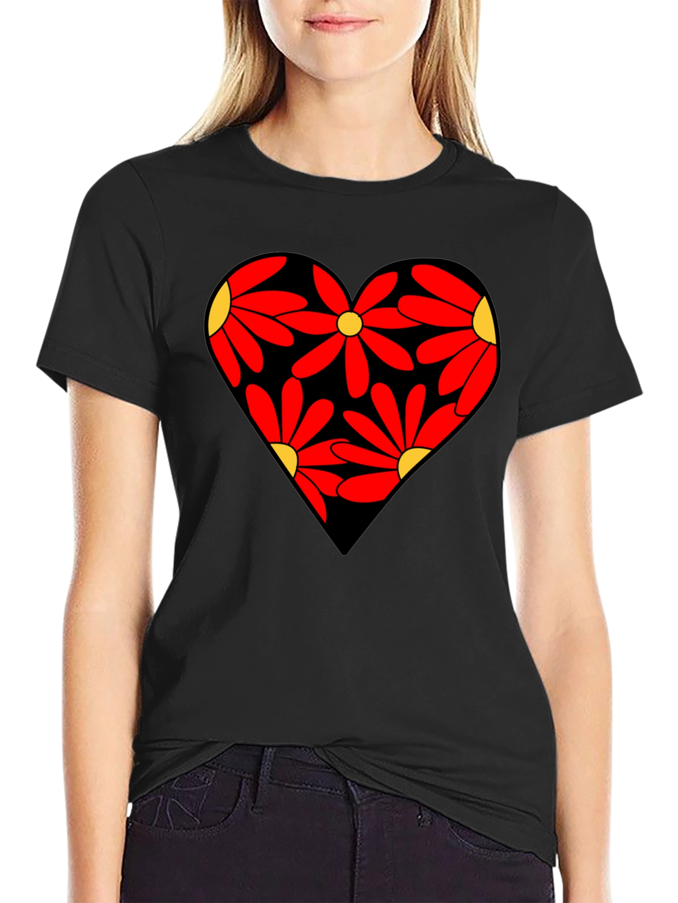 Floral Heart Black T-Shirt