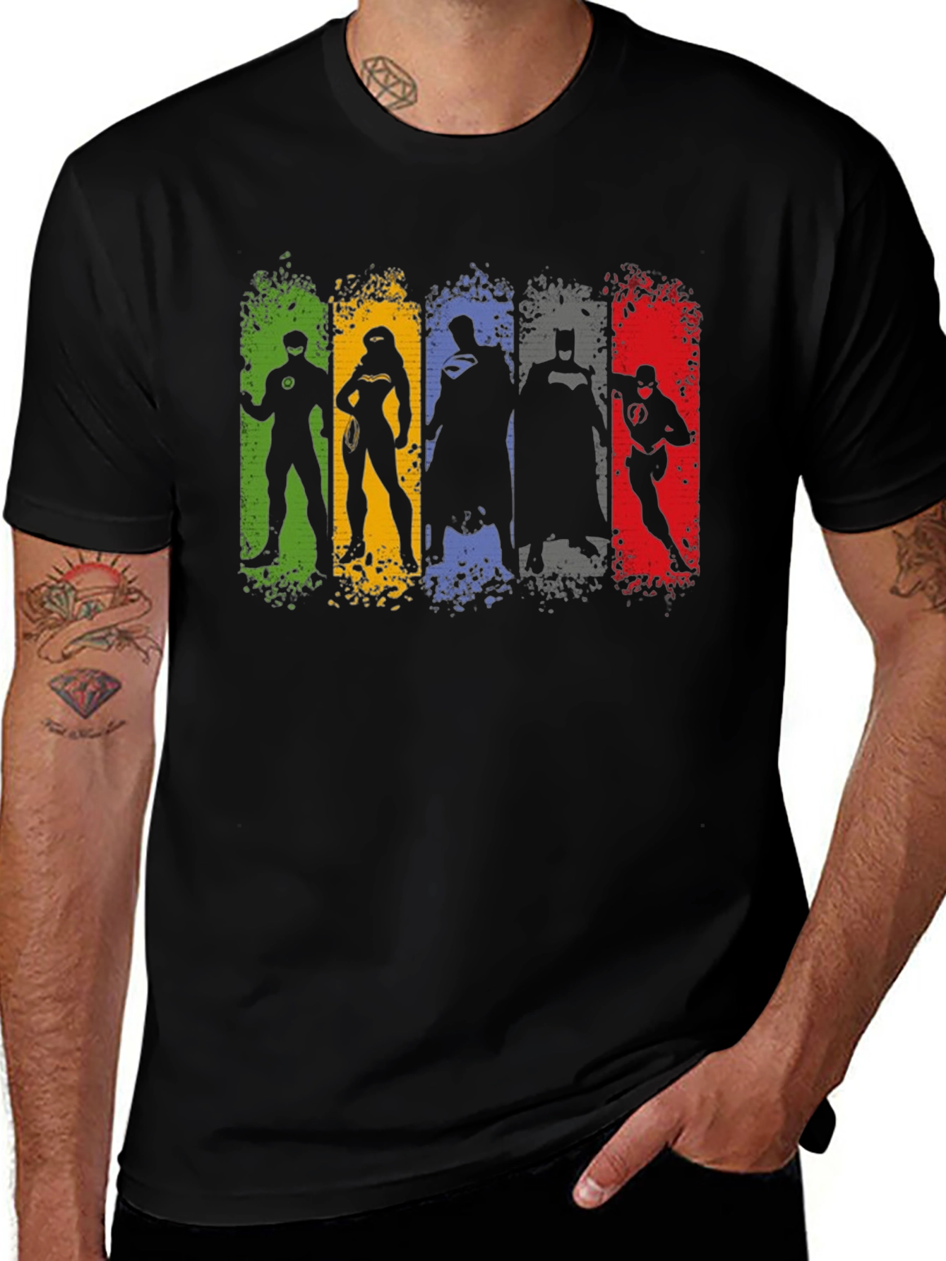 Justice League Silhouette T-Shirt - Mens Black Crew Neck