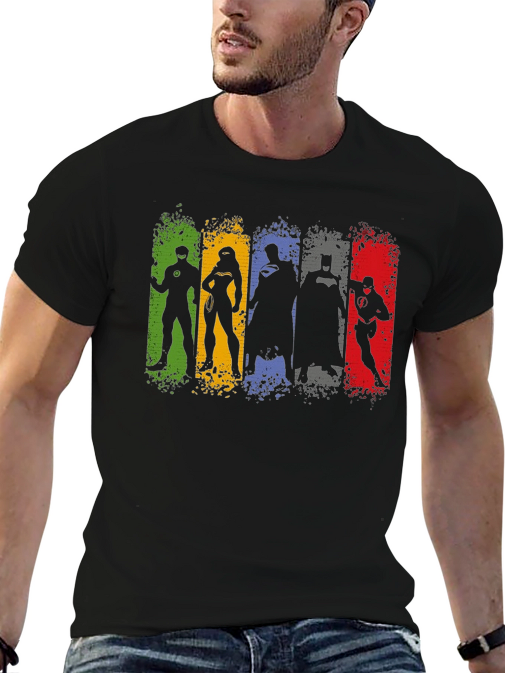 Justice League Silhouette T-Shirt - Mens Black Crew Neck