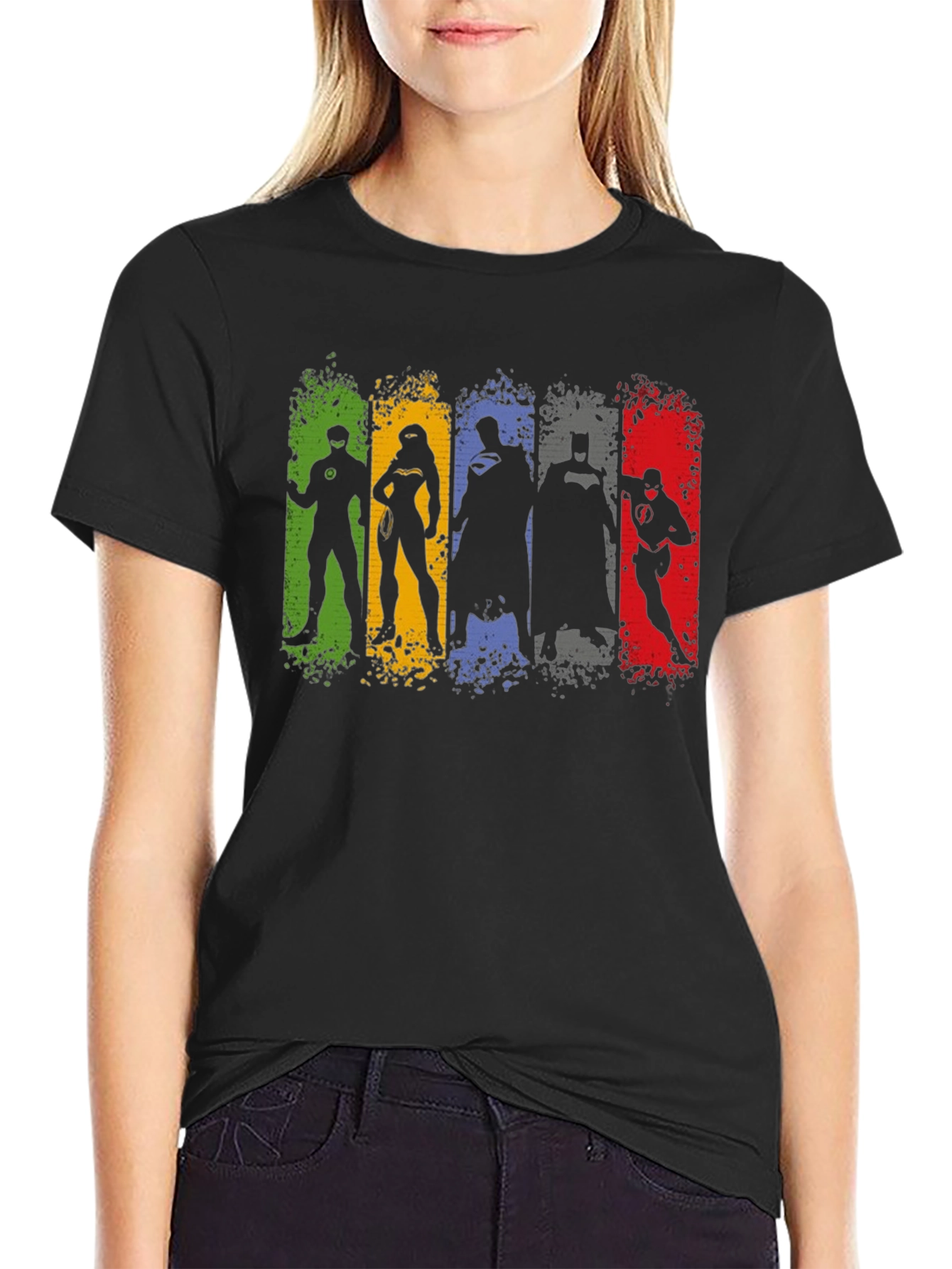 Justice League Silhouette T-Shirt - Mens Black Crew Neck