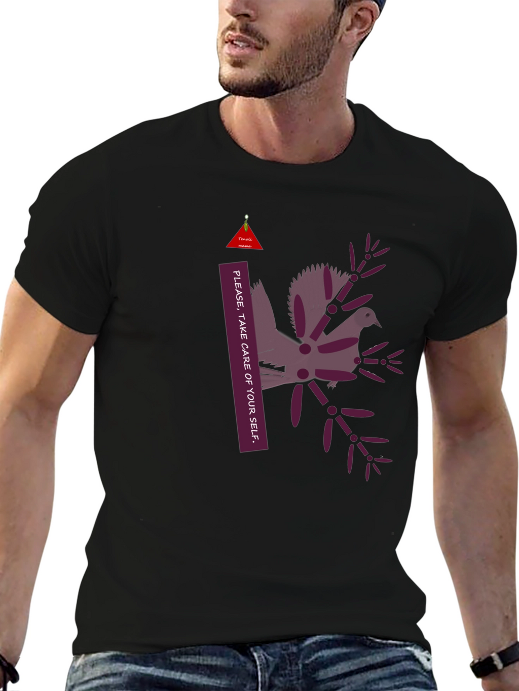 Unique Graphic Print Black T-Shirt: Take Care of Yourself
