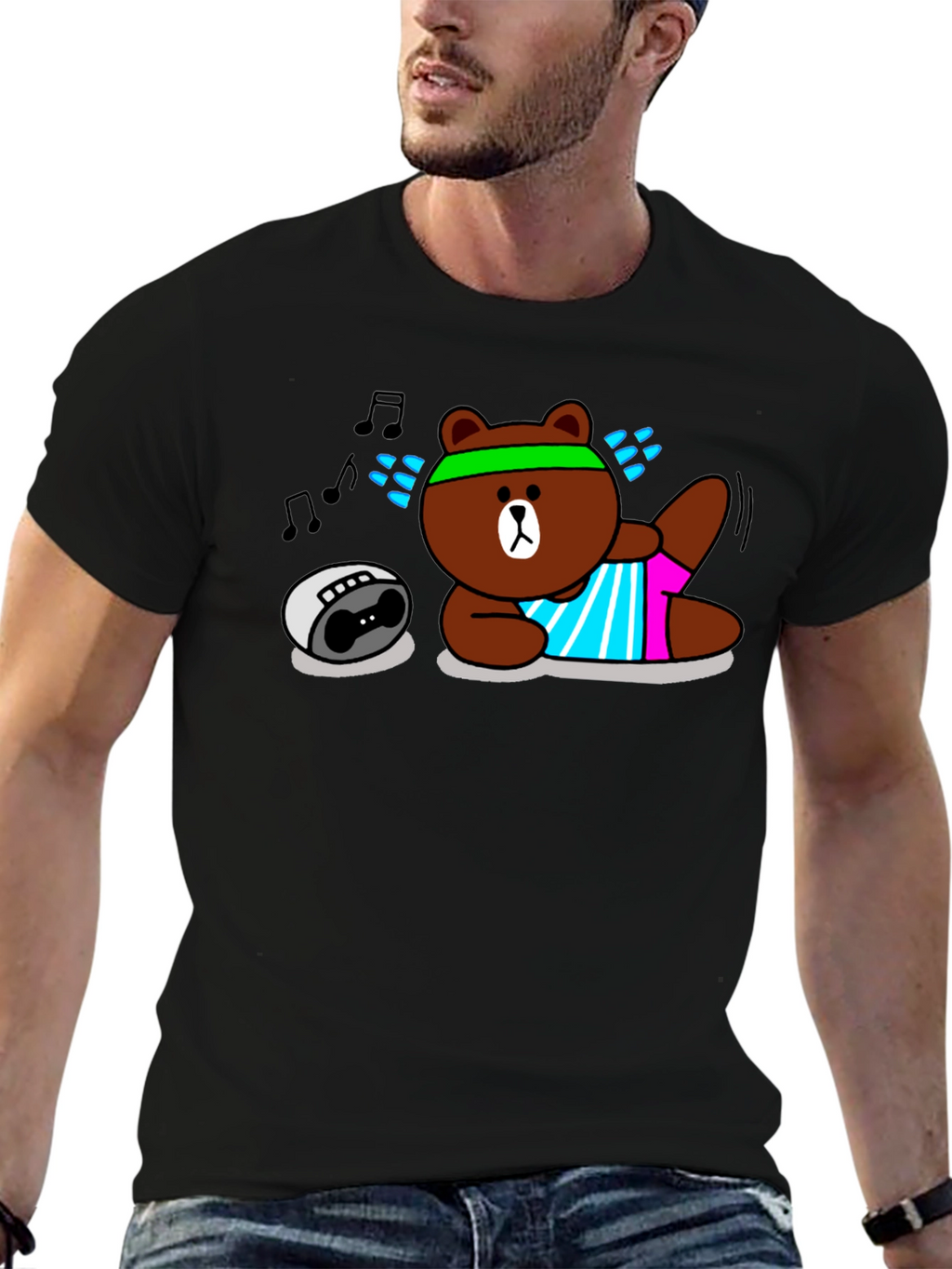 Workout Bear Graphic T-Shirt - Black Cotton
