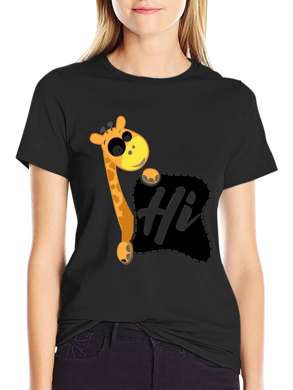 Hi Giraffe Graphic Tee - Black Cotton T-Shirt