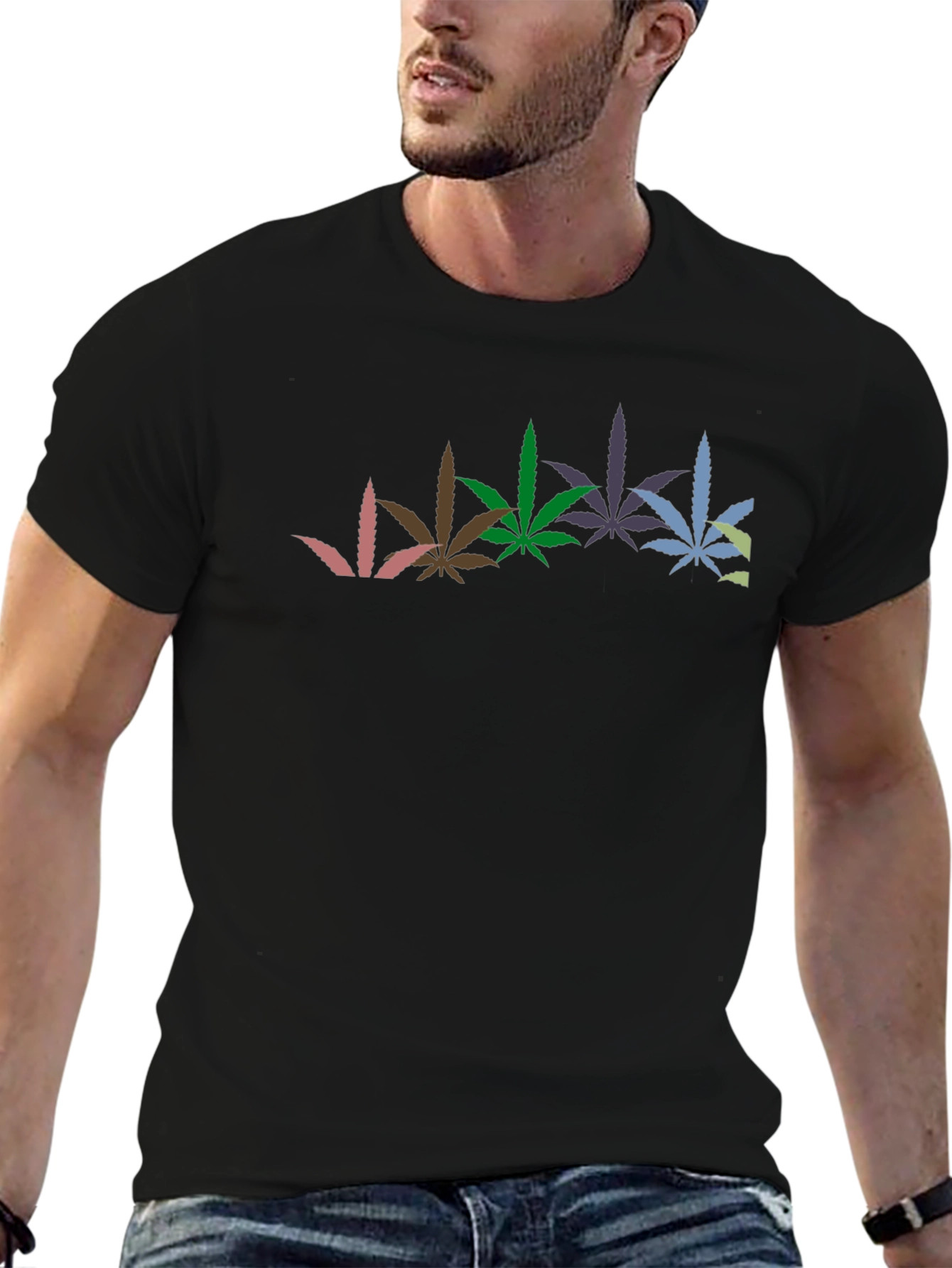 Cool Graphic Black T-Shirt with Weed Leaves