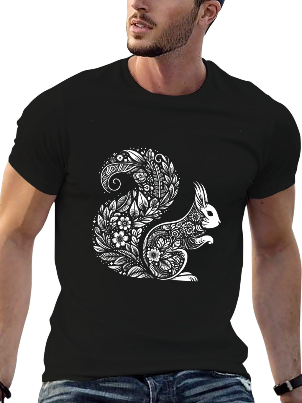 Floral Squirrel Graphic T-Shirt - Black