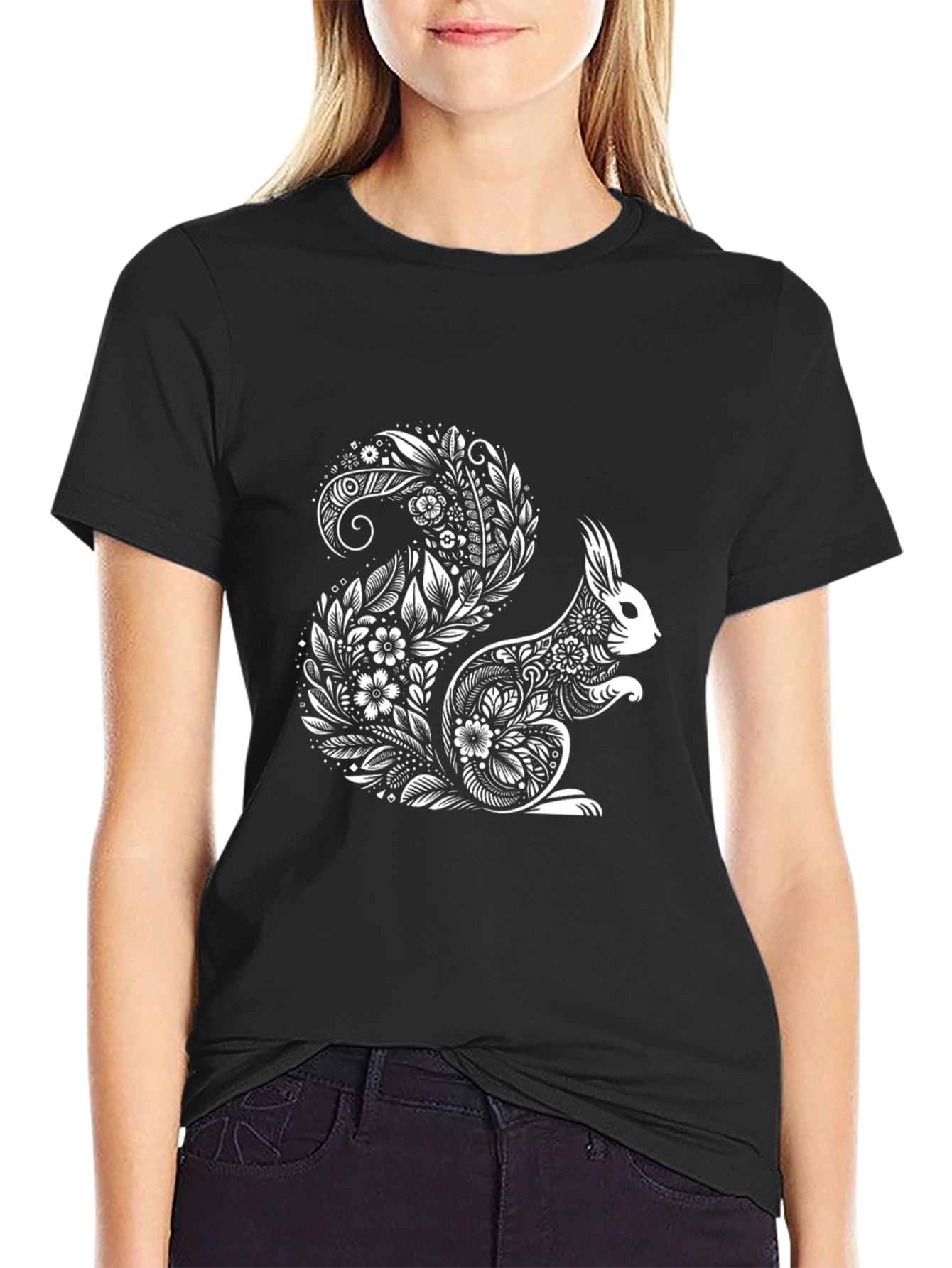 Floral Squirrel Graphic T-Shirt - Black