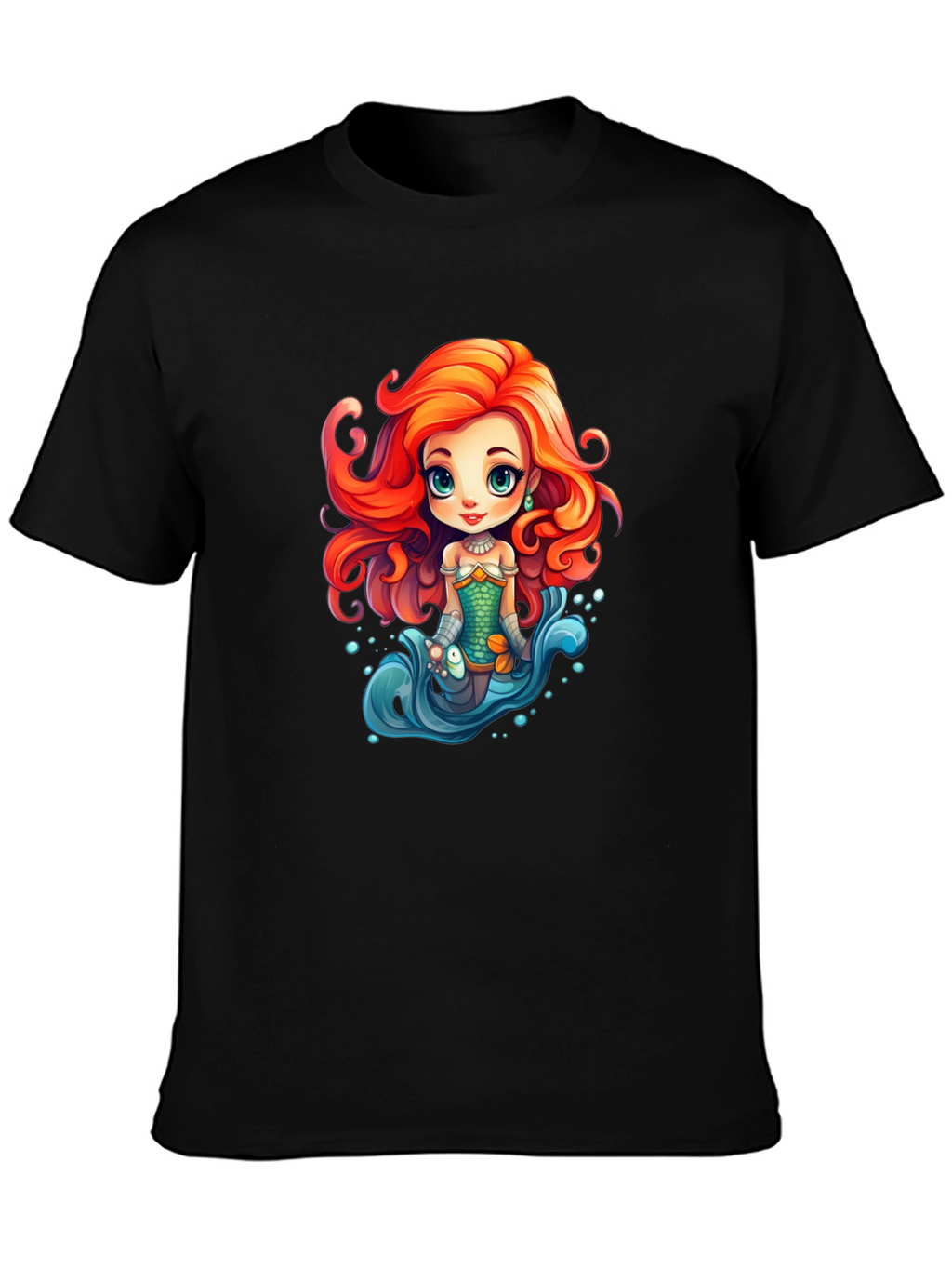 Cartoon Mermaid Graphic Tee - Black Unisex T-Shirt