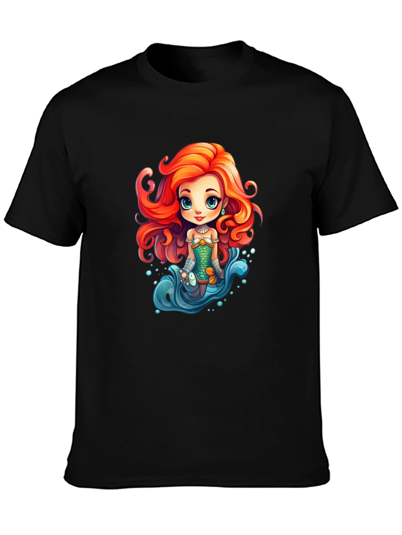 Cartoon Mermaid Graphic Tee - Black Unisex T-Shirt