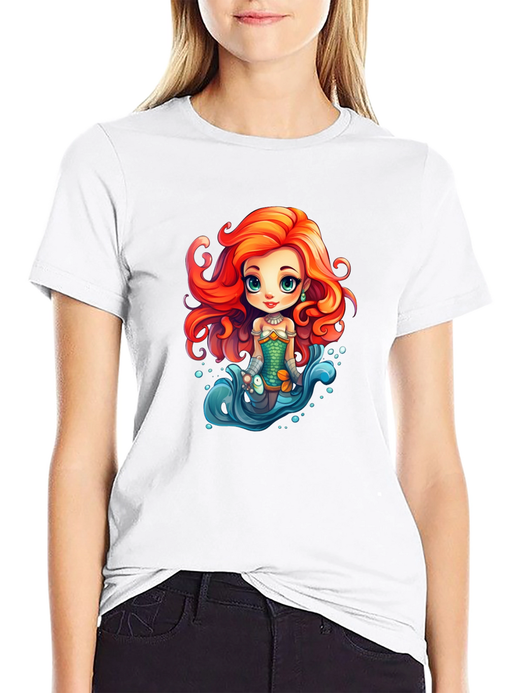 Cartoon Mermaid Graphic Tee - Black Unisex T-Shirt