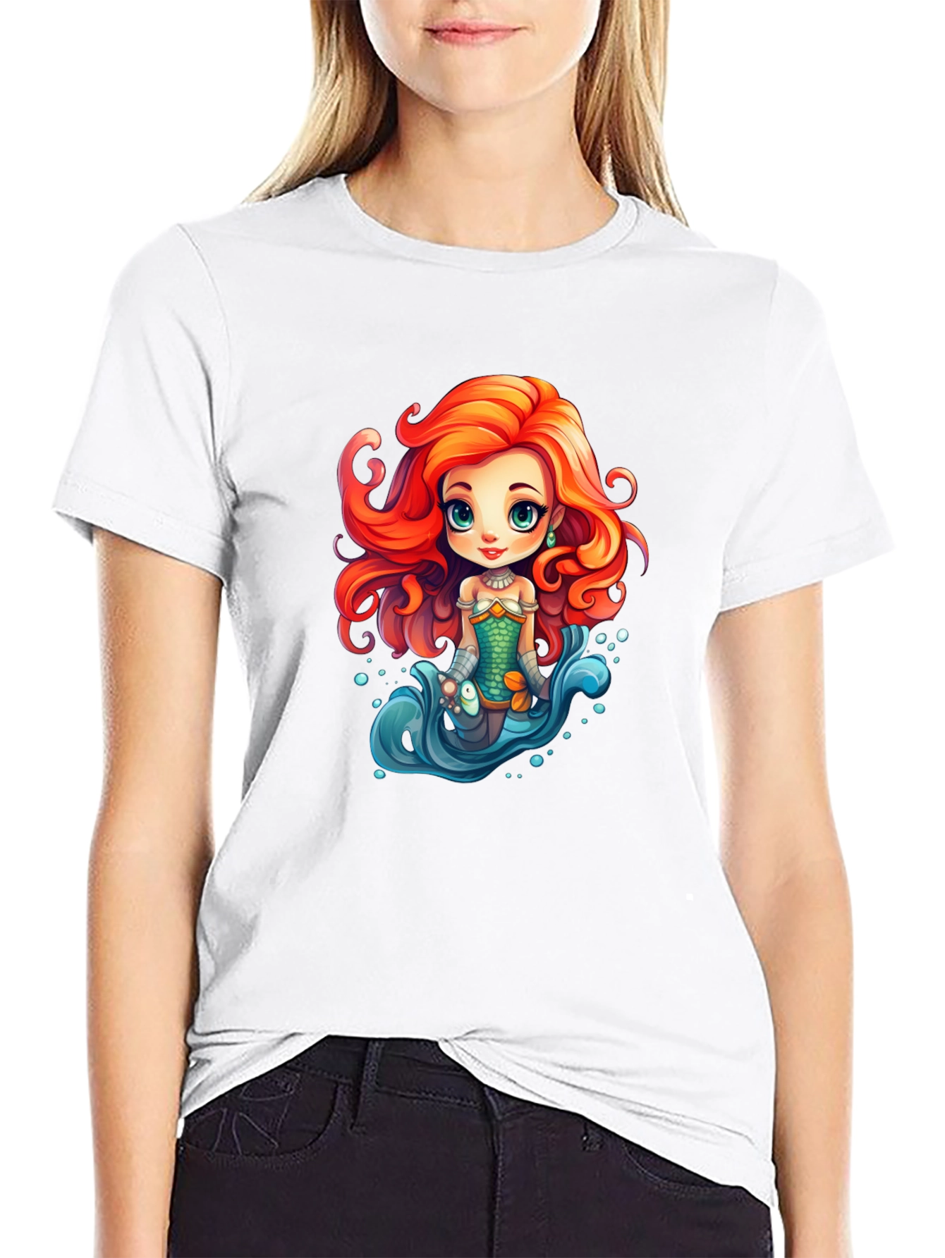Cartoon Mermaid Graphic Tee - Black Unisex T-Shirt