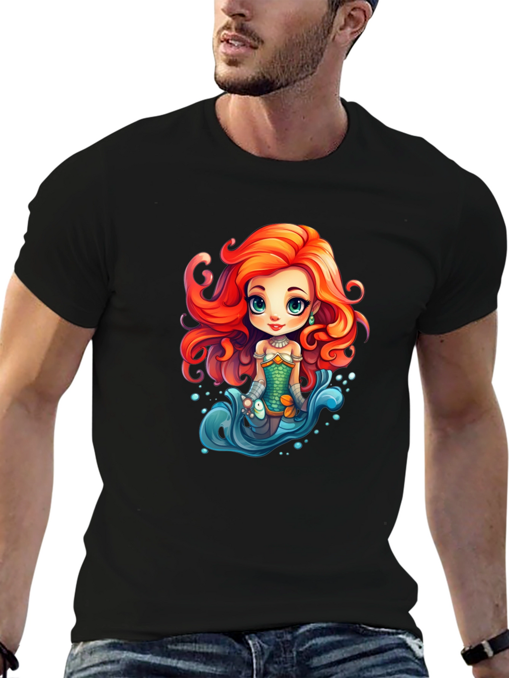 Cartoon Mermaid Graphic Tee - Black Unisex T-Shirt
