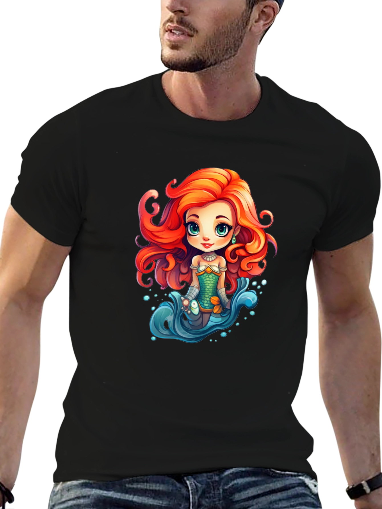 Cartoon Mermaid Graphic Tee - Black Unisex T-Shirt