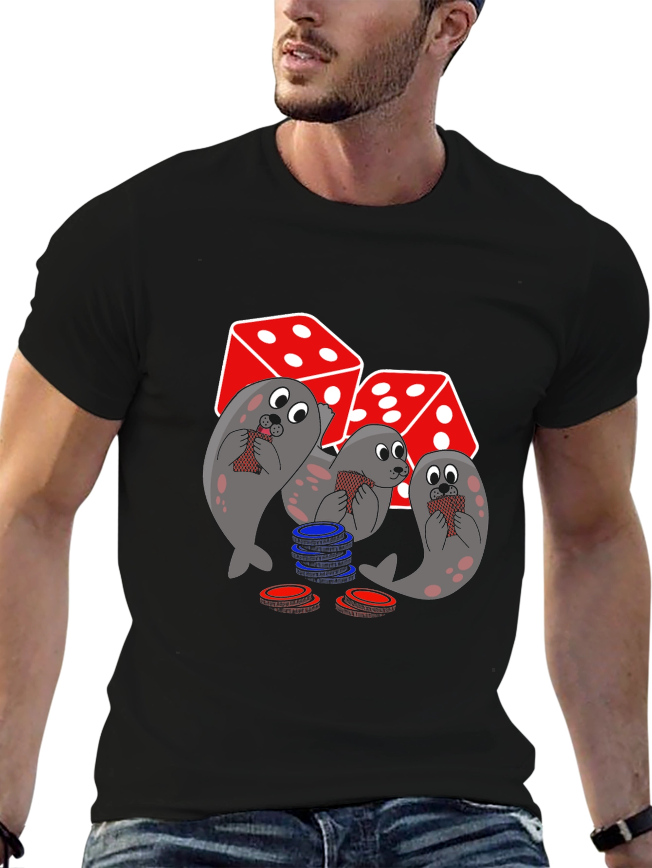 Poker Seals Graphic Tee - Black Cotton T-Shirt