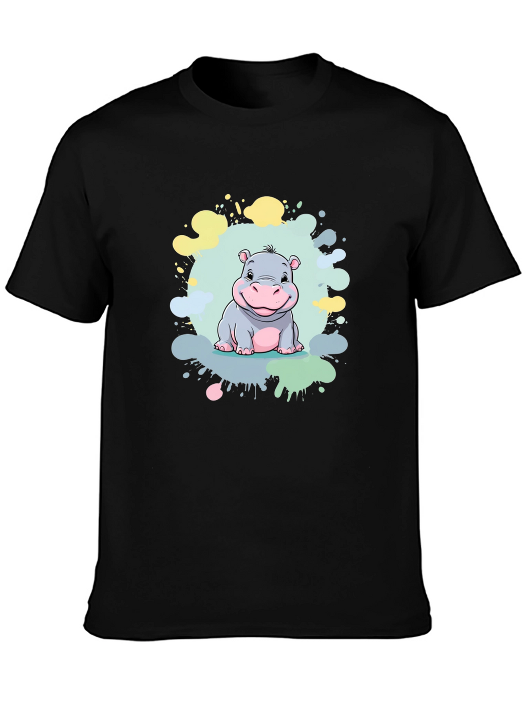 Cute Hippo Graphic Print Black T-Shirt