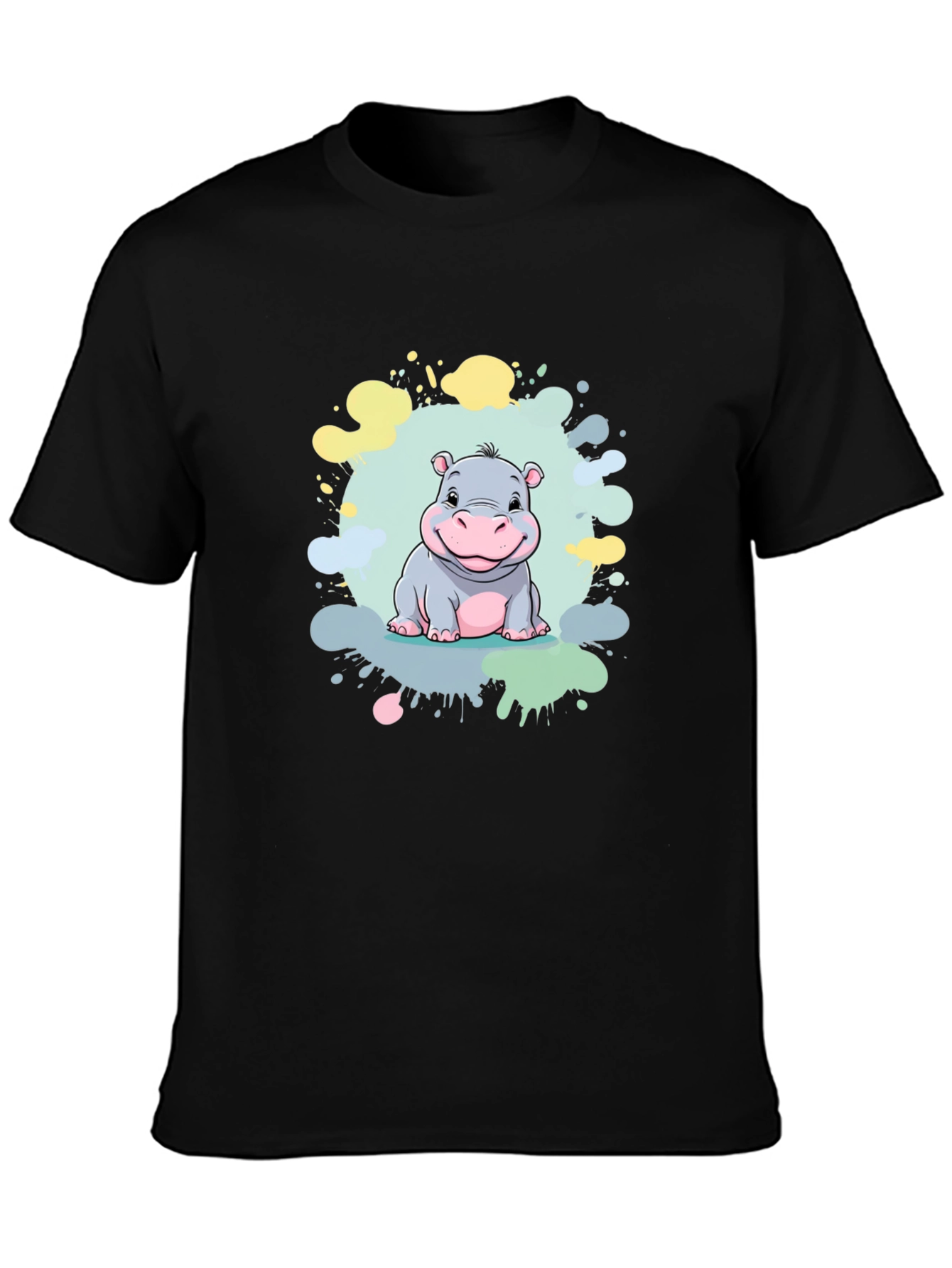 Cute Hippo Graphic Print Black T-Shirt