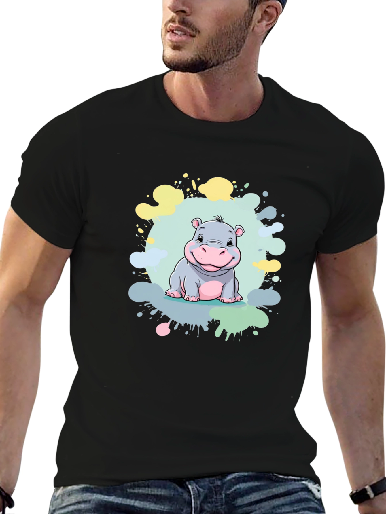 Cute Hippo Graphic Print Black T-Shirt