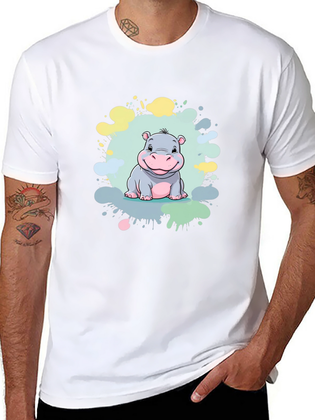 Cute Hippo Graphic Print Black T-Shirt