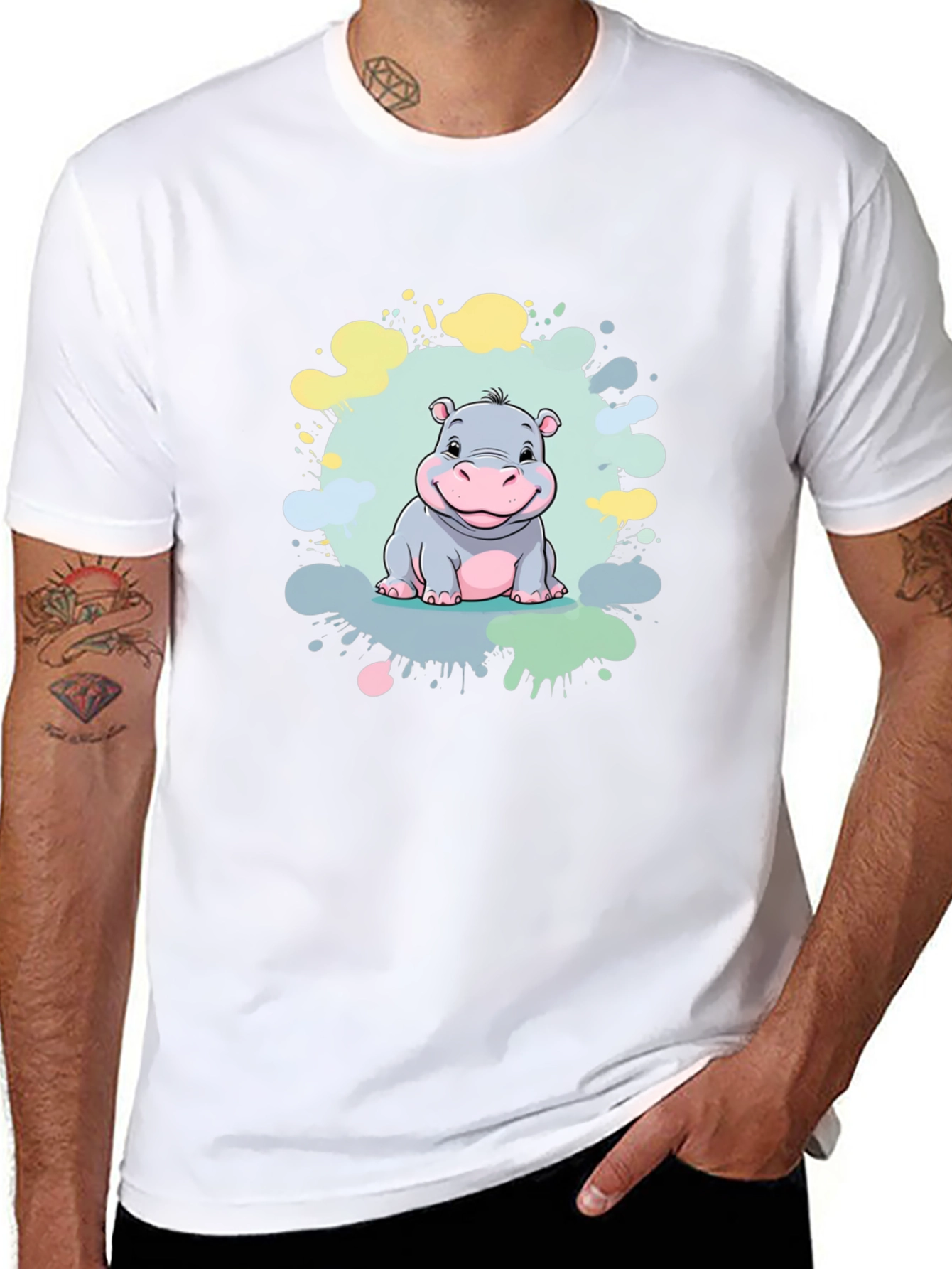 Cute Hippo Graphic Print Black T-Shirt