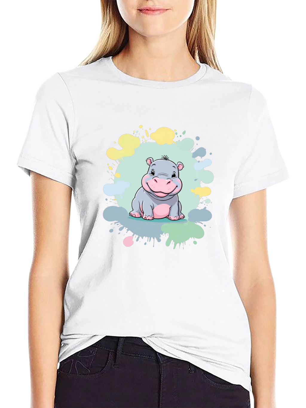 Cute Hippo Graphic Print Black T-Shirt