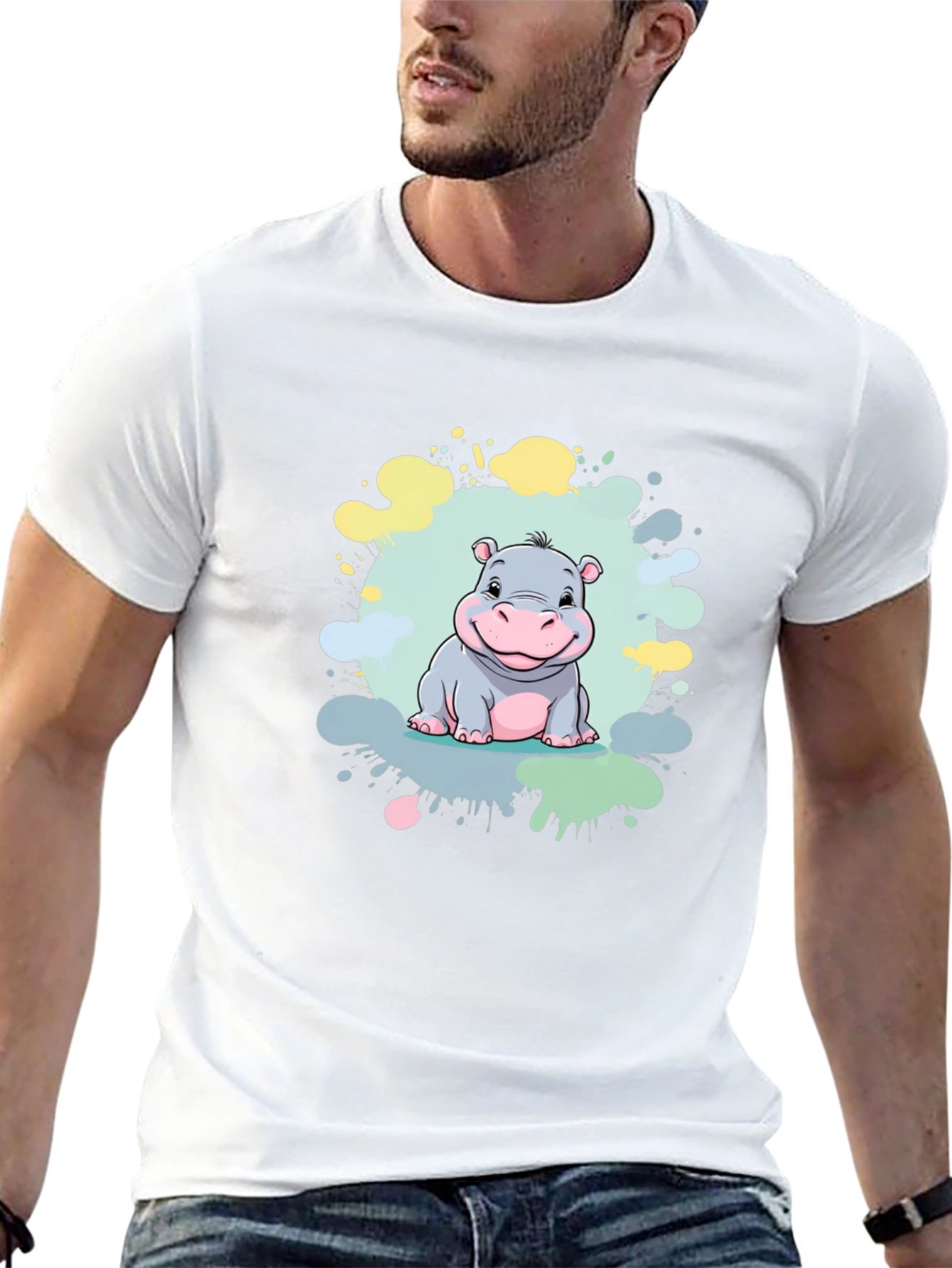 Cute Hippo Graphic Print Black T-Shirt