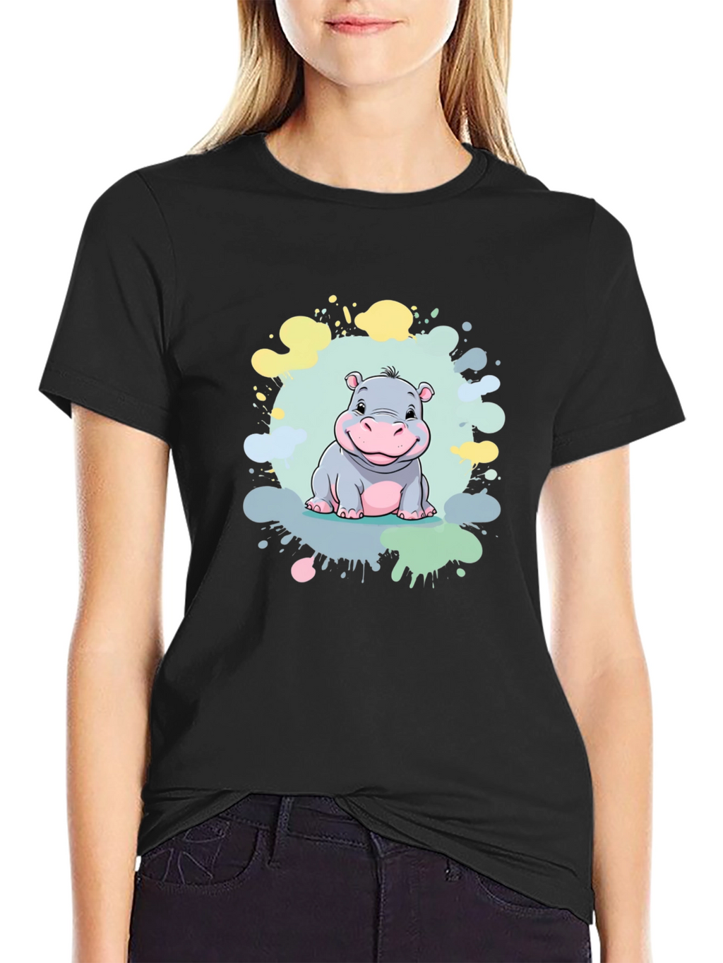 Cute Hippo Graphic Print Black T-Shirt