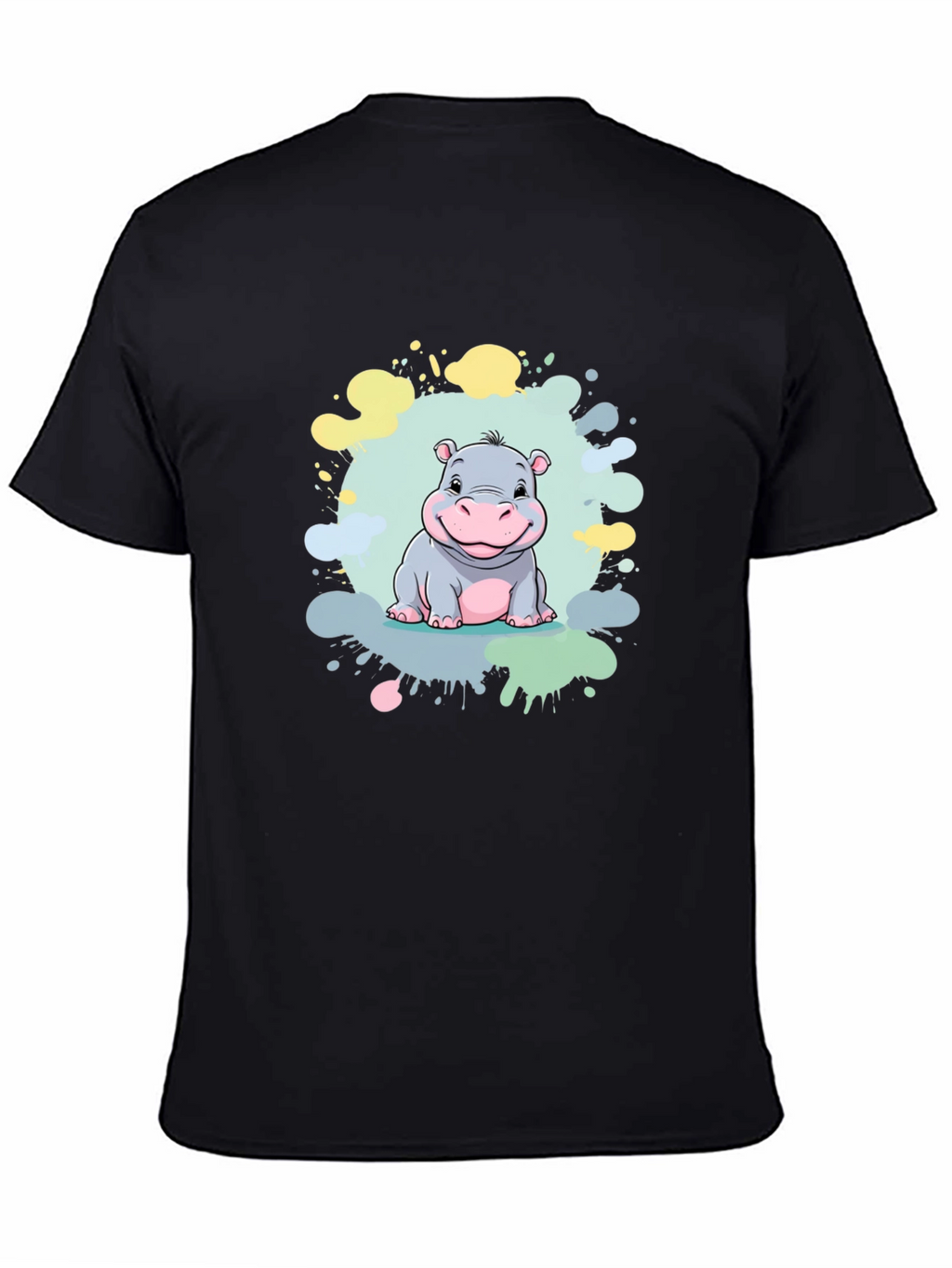 Cute Hippo Graphic Print Black T-Shirt