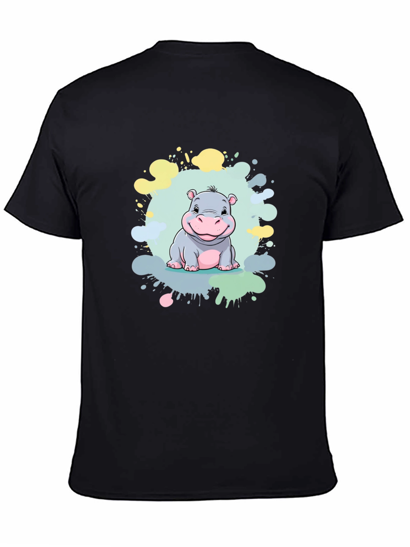 Cute Hippo Graphic Print Black T-Shirt