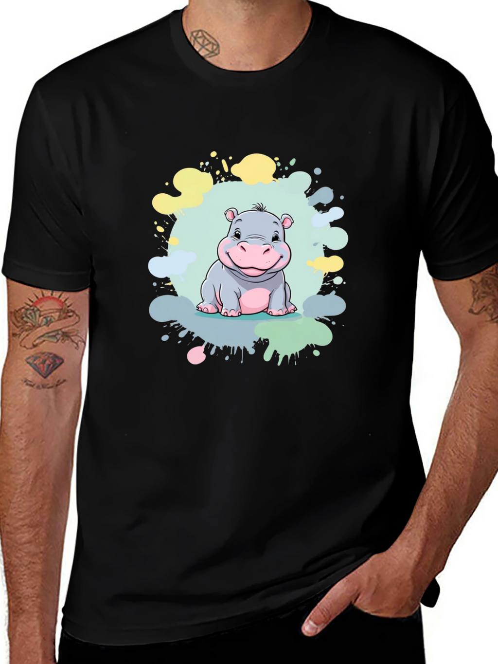 Cute Hippo Graphic Print Black T-Shirt