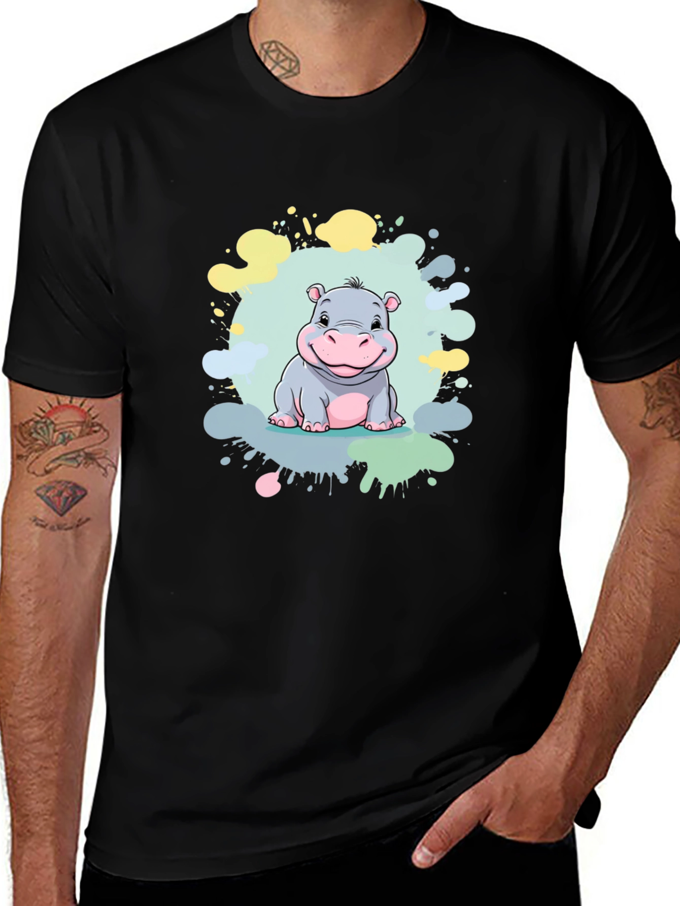 Cute Hippo Graphic Print Black T-Shirt