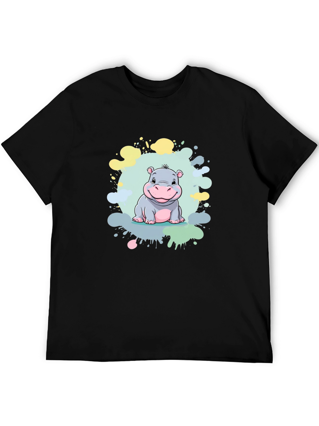 Cute Hippo Graphic Print Black T-Shirt