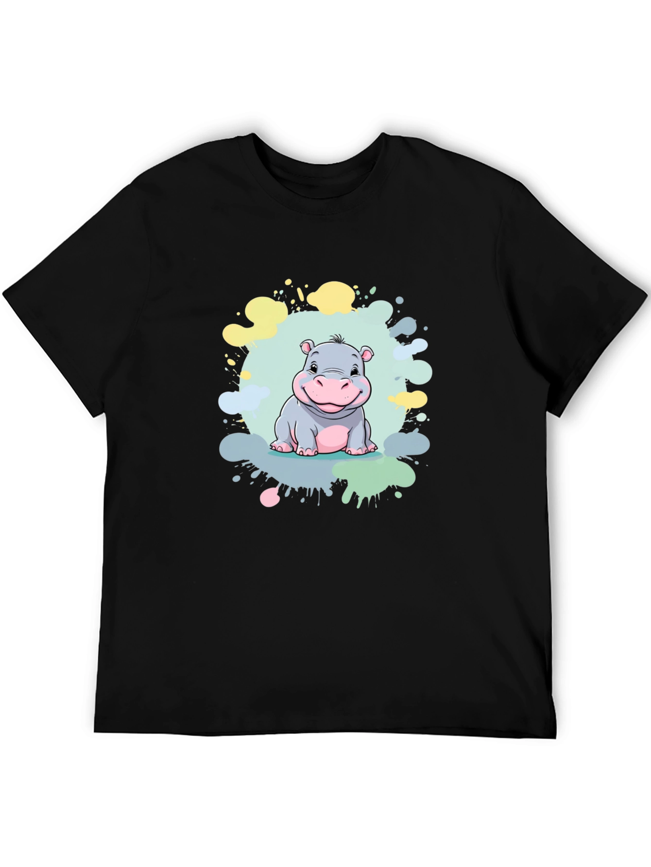 Cute Hippo Graphic Print Black T-Shirt