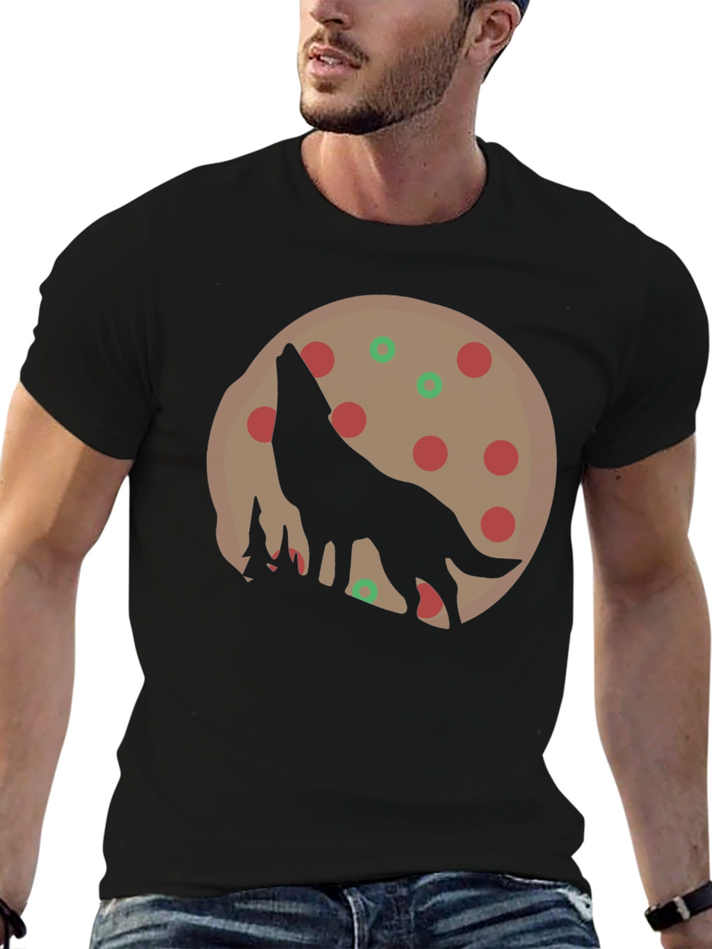 Wolf Pizza Moon Graphic Tee - Black Cotton T-Shirt