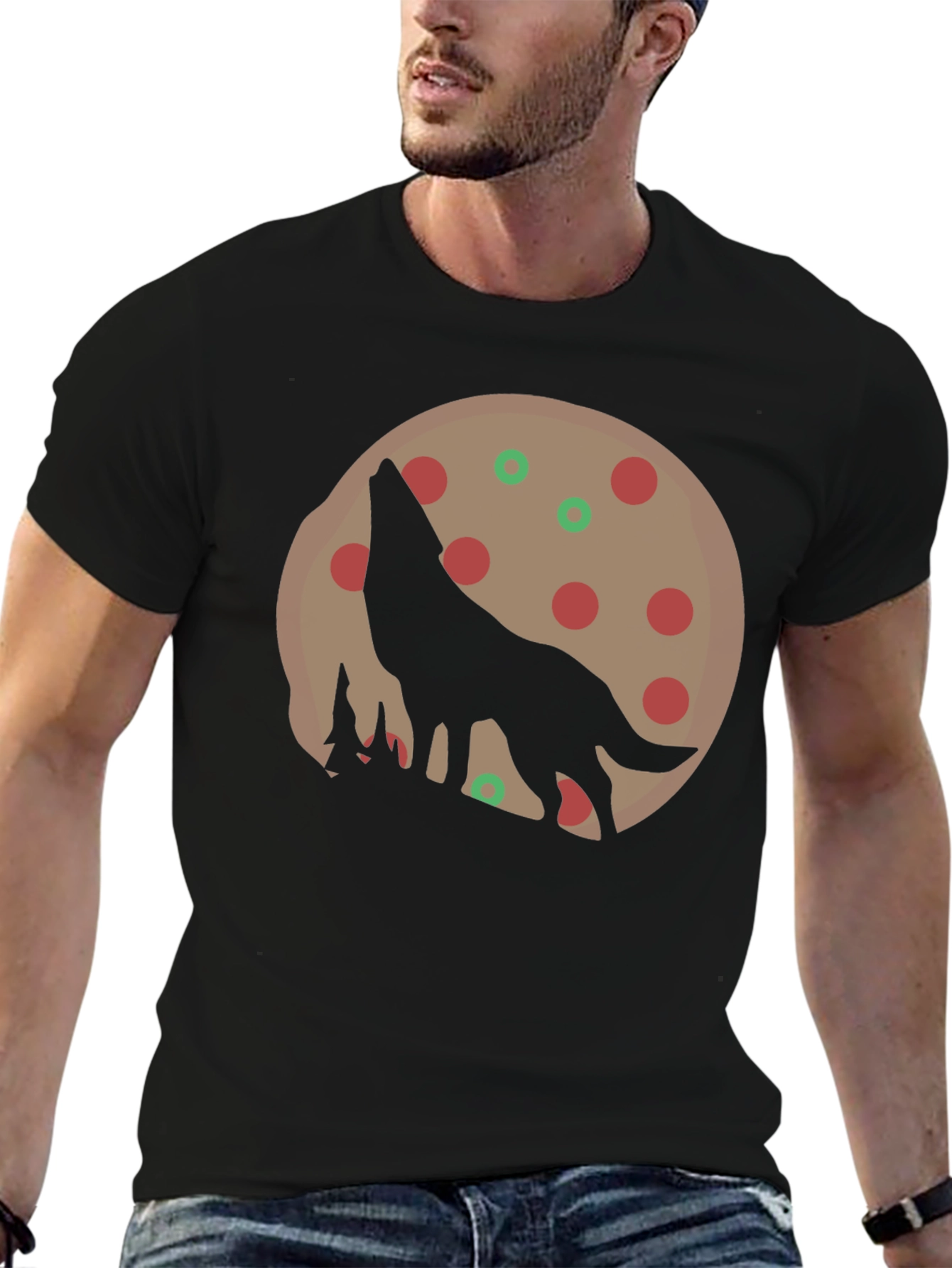 Wolf Pizza Moon Graphic Tee - Black Cotton T-Shirt