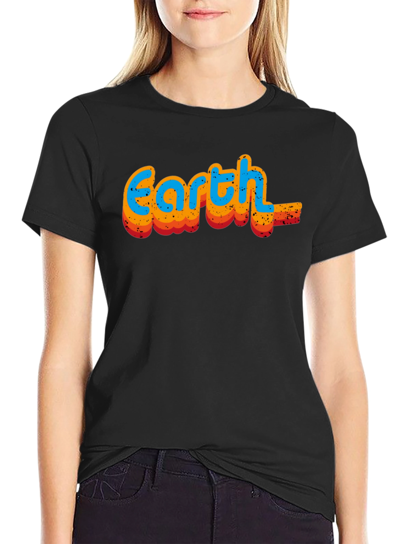 Retro Earth Graphic Tee - Black Cotton T-Shirt