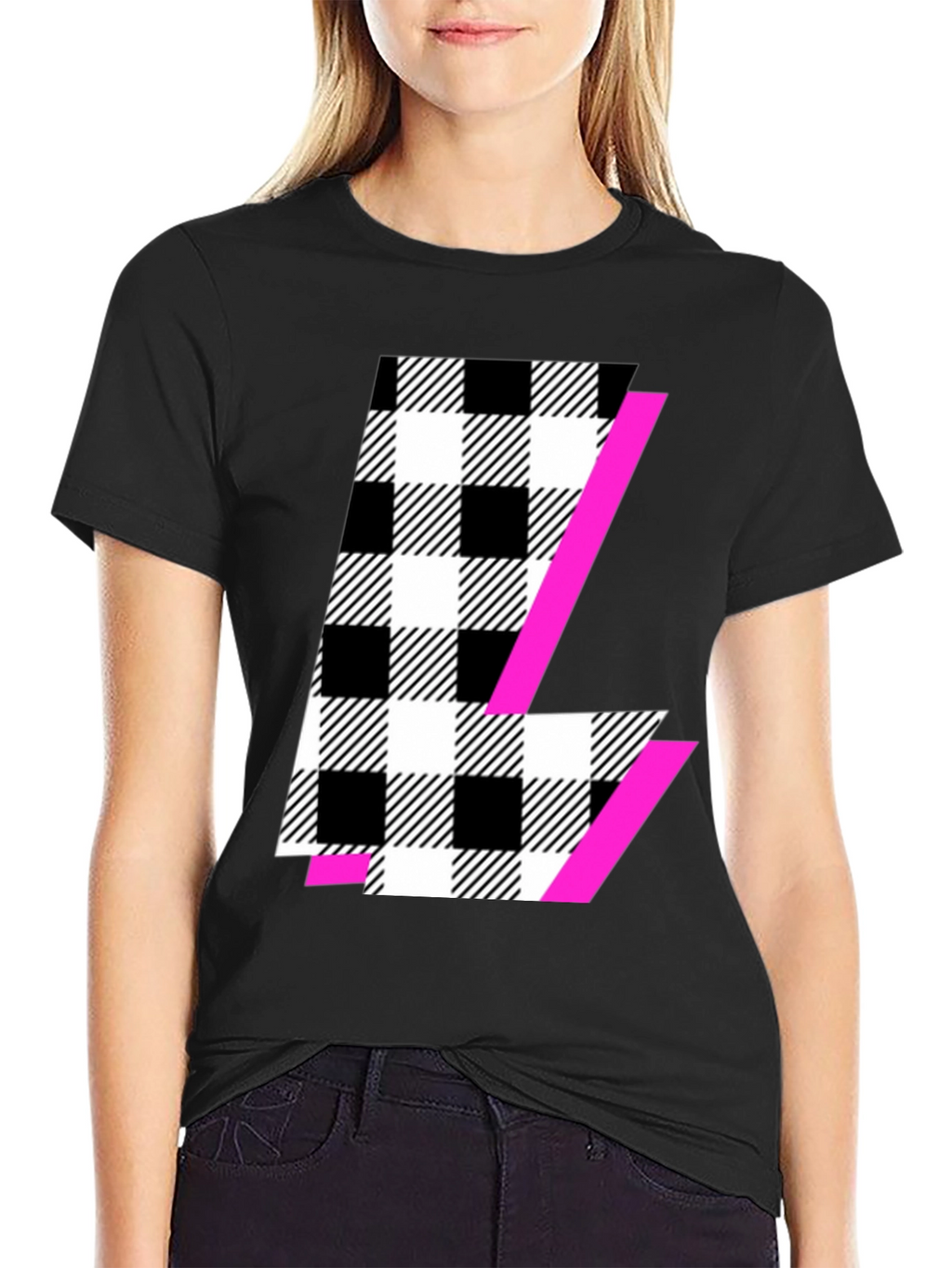 Black Graphic Tee with Plaid & Pink Accent