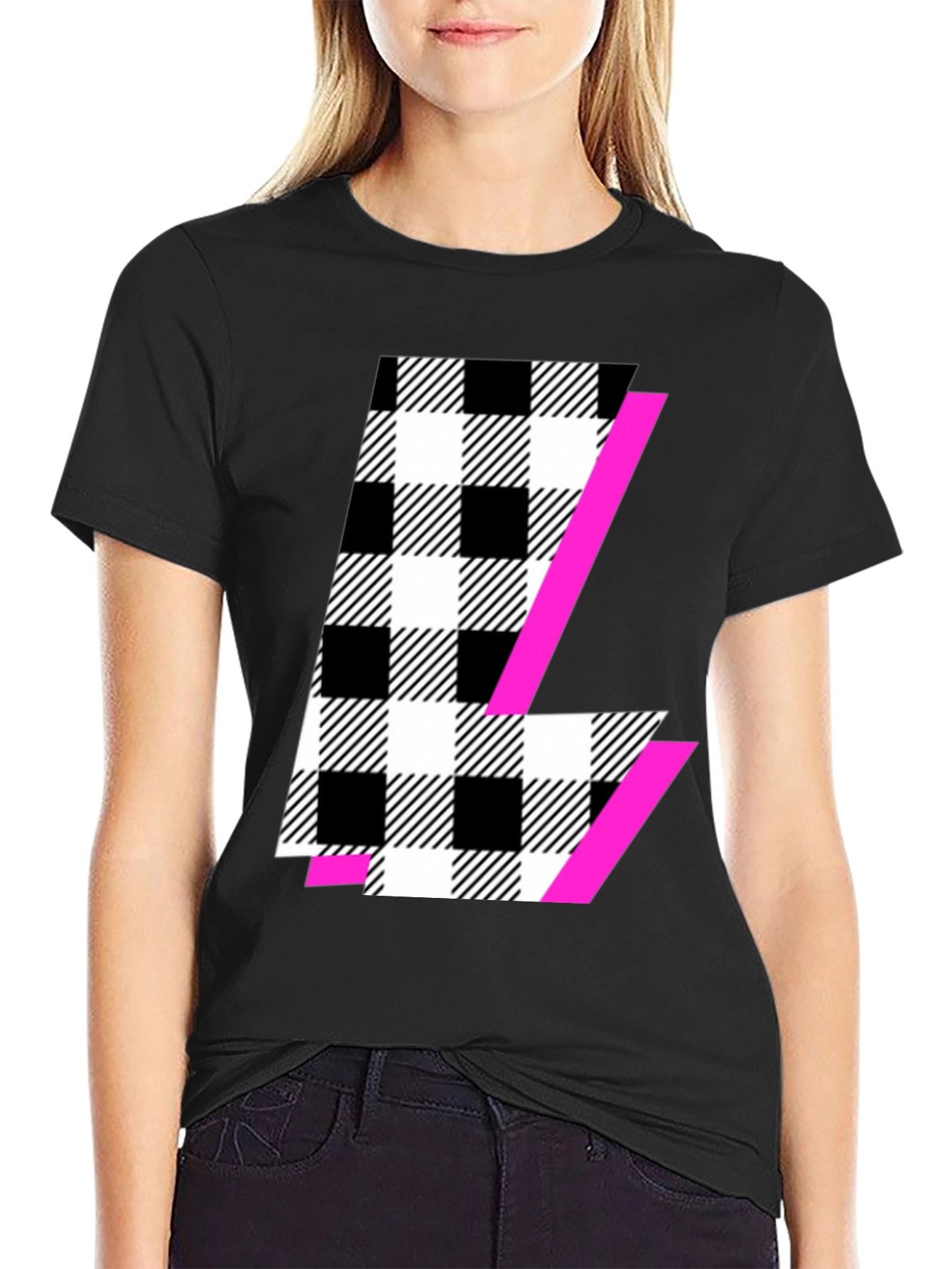 Black Graphic Tee with Plaid & Pink Accent