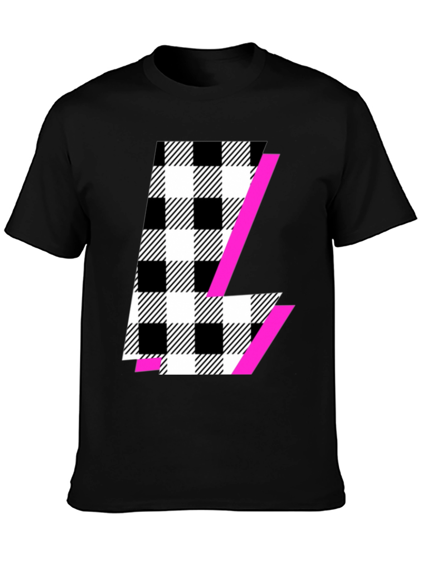 Black Graphic Tee with Plaid & Pink Accent
