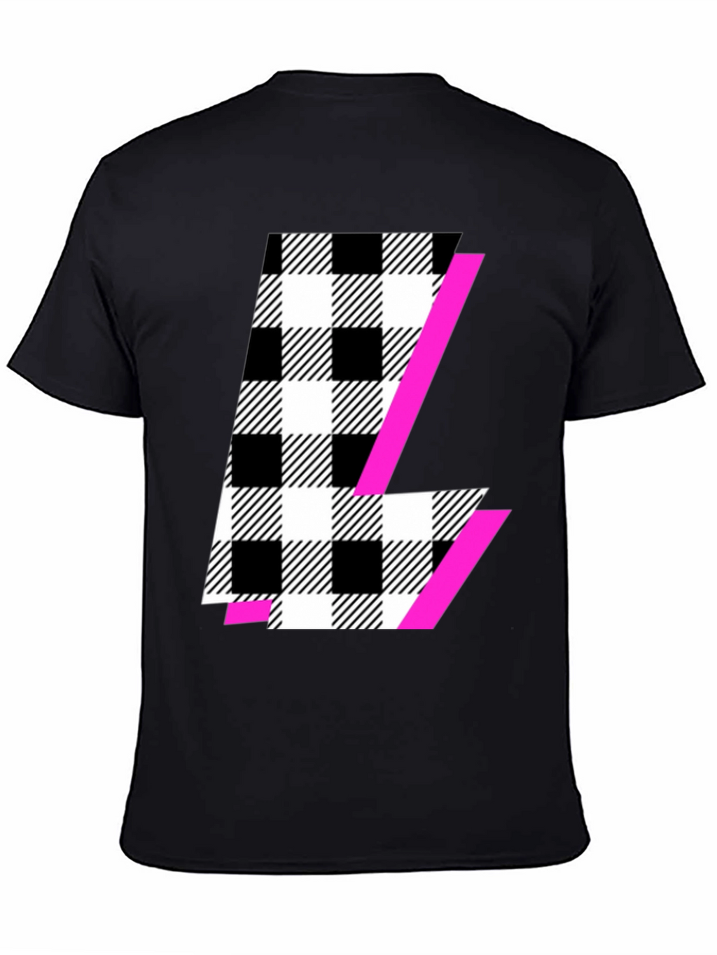 Black Graphic Tee with Plaid & Pink Accent