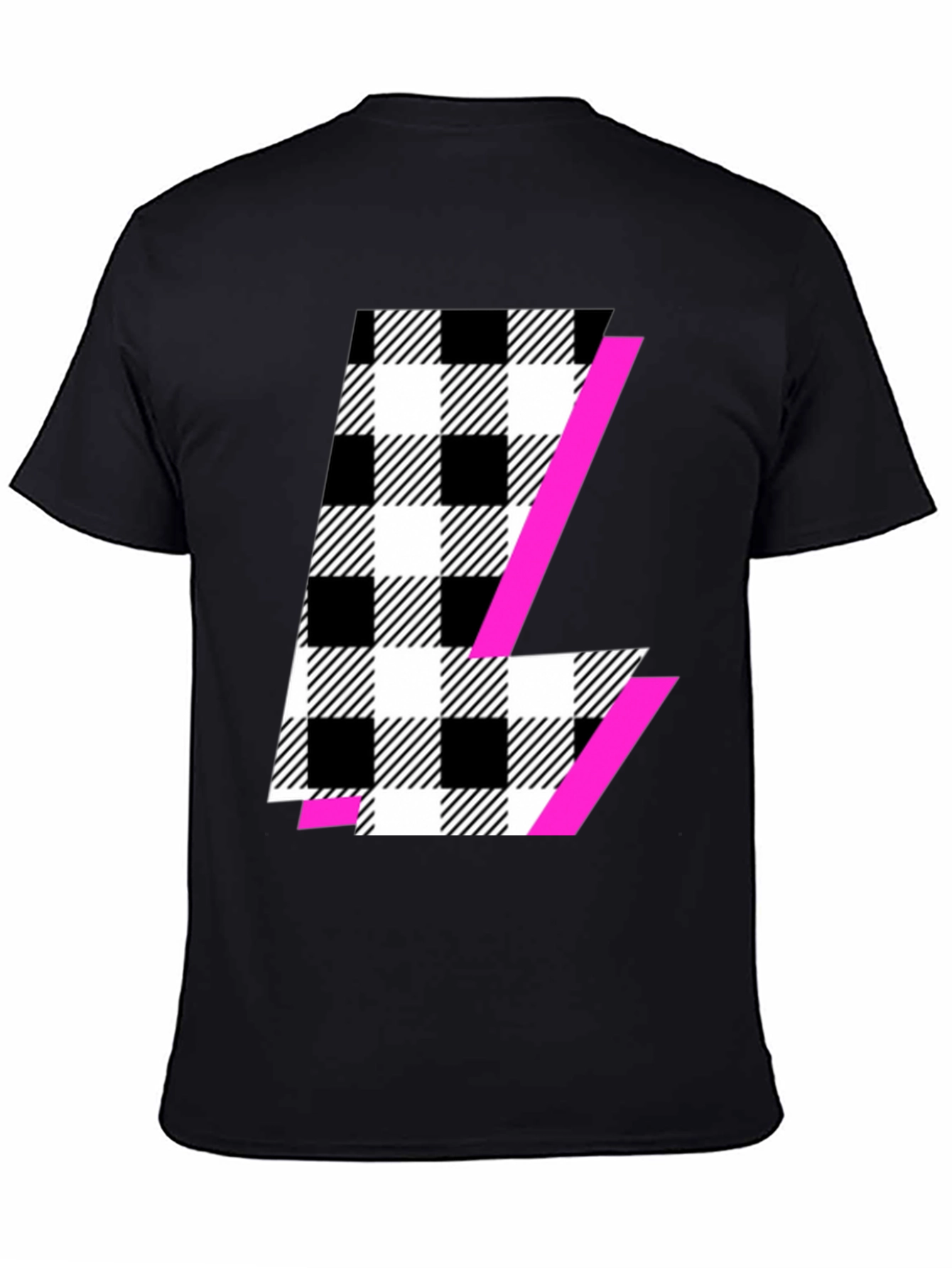 Black Graphic Tee with Plaid & Pink Accent